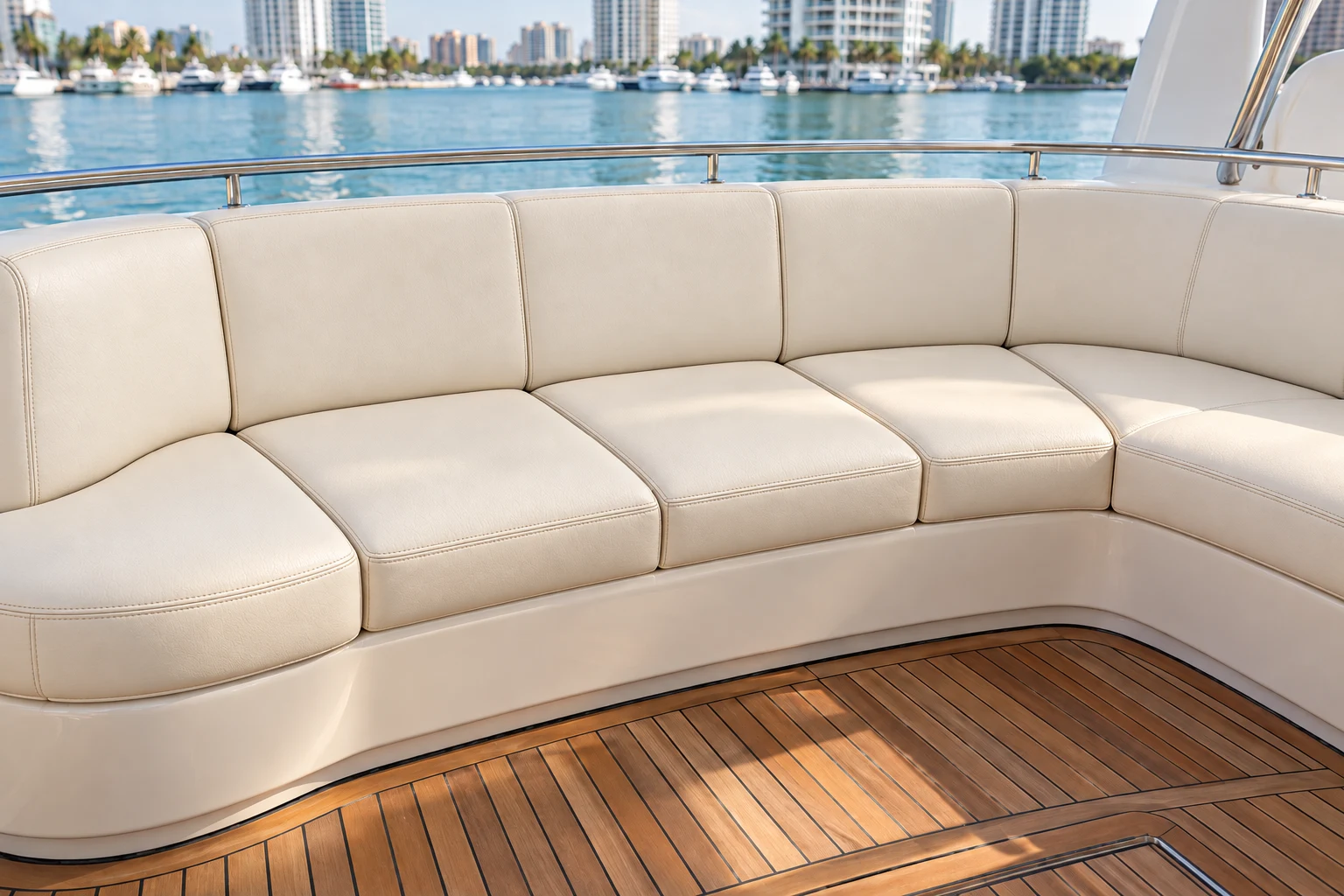 Illustrative yacht sofa after reupholstery, with fresh ivory material