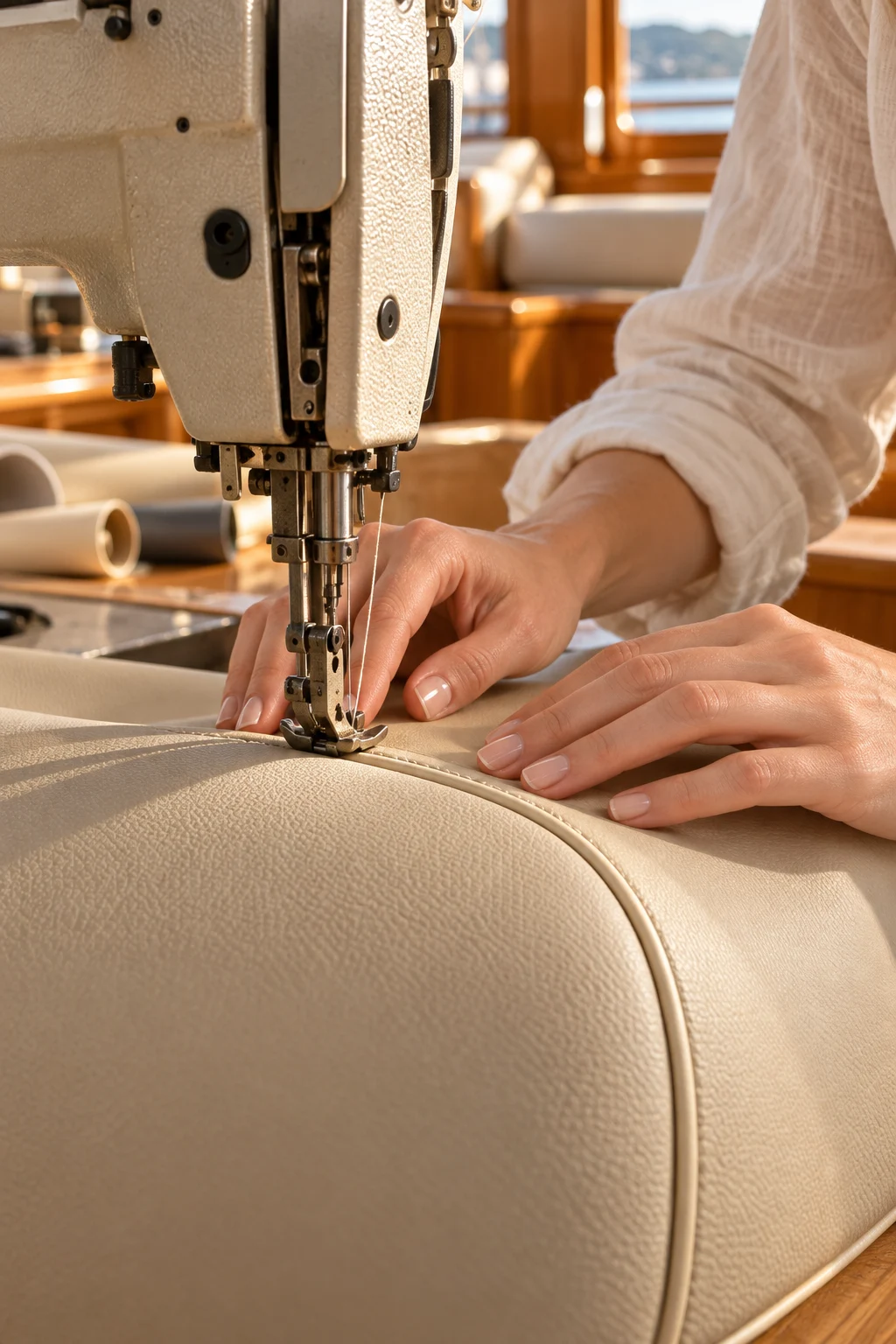 Illustrative close-up of a woman upholsterer stitching sand-colored marine material in a workshop
