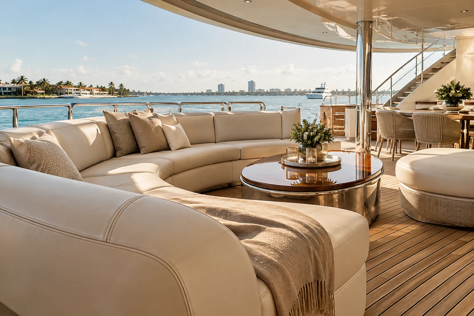 Illustrative detail of custom cream yacht seating and teak decking